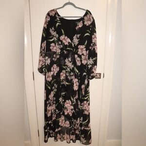 Black Pink Floral Maxi Dress Ruffled Tiered